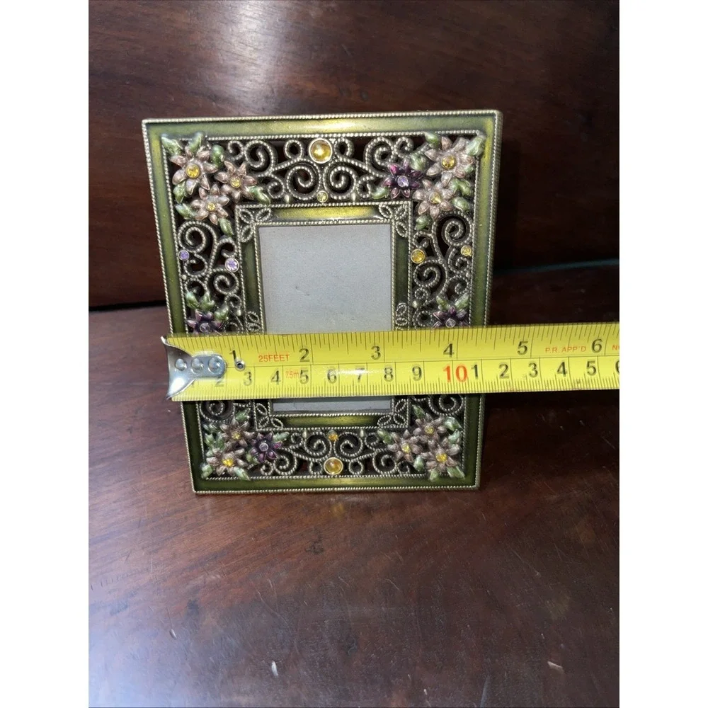 Delicate Green Metal Picture Frame With Jewels 4.5 X 5.5 Freestanding